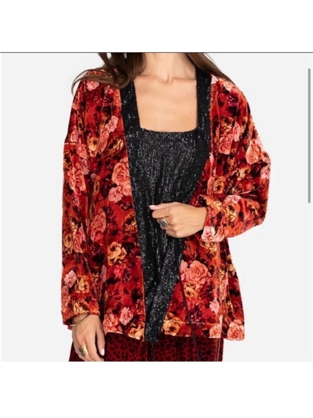 Johnny Was Billie Floral Velvet Sequin Beaded Duster Kimono Cardigan, Size Large